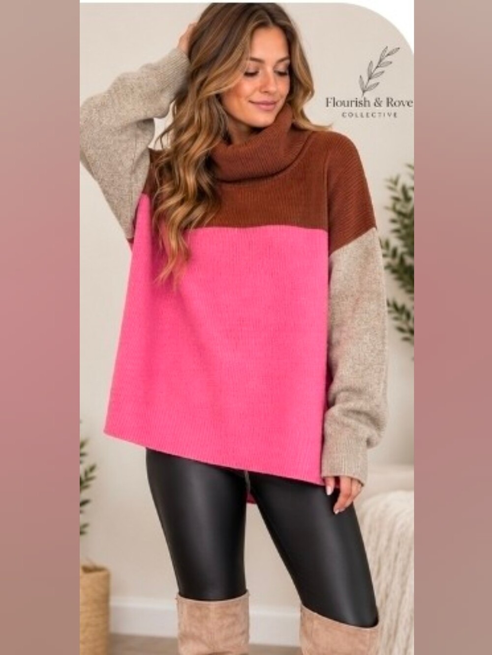 Free People Oversized Colorblock Turtleneck Sweater Pink Brown Size Small - Picture 5 of 11